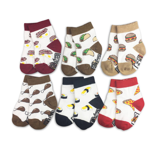 Let's Eat food-themed organic cotton baby sock gift set A set of six cute organic baby socks with fun designs, including bacon, tacos, cheeseburger, sushi, and pizza. Great unisex shower gift