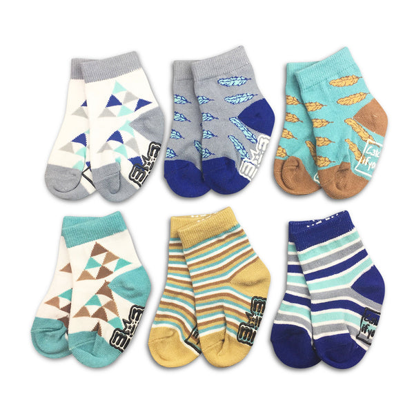 Cute baby sock gift set with six pairs featuring soft organic cotton and a recycled paper gift box